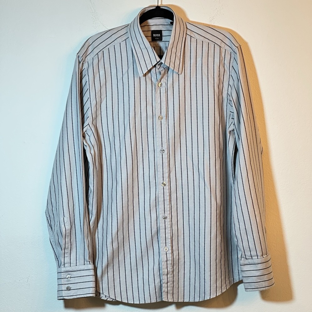 Hugo Boss Mens Shirt XL Gray with Black Striped Slim Fit Button Up Designer